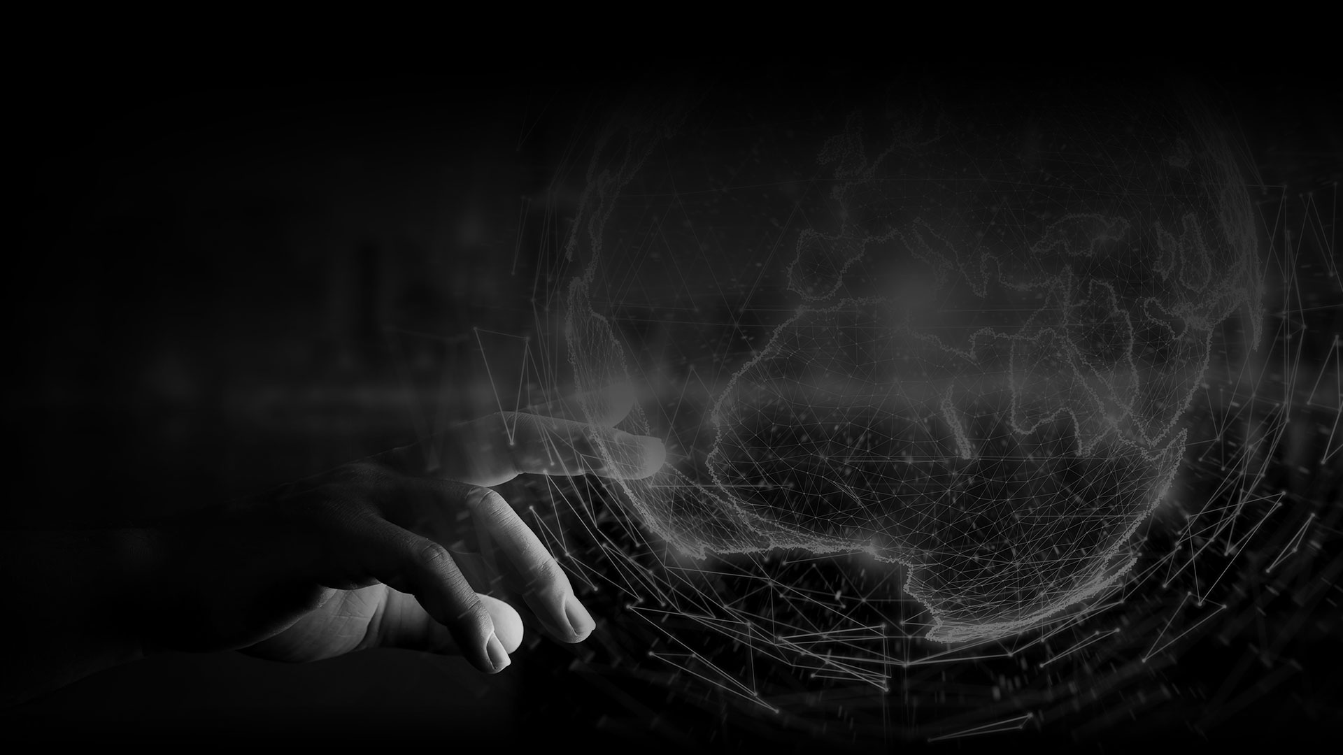 Dark background with geometric lines and a hand