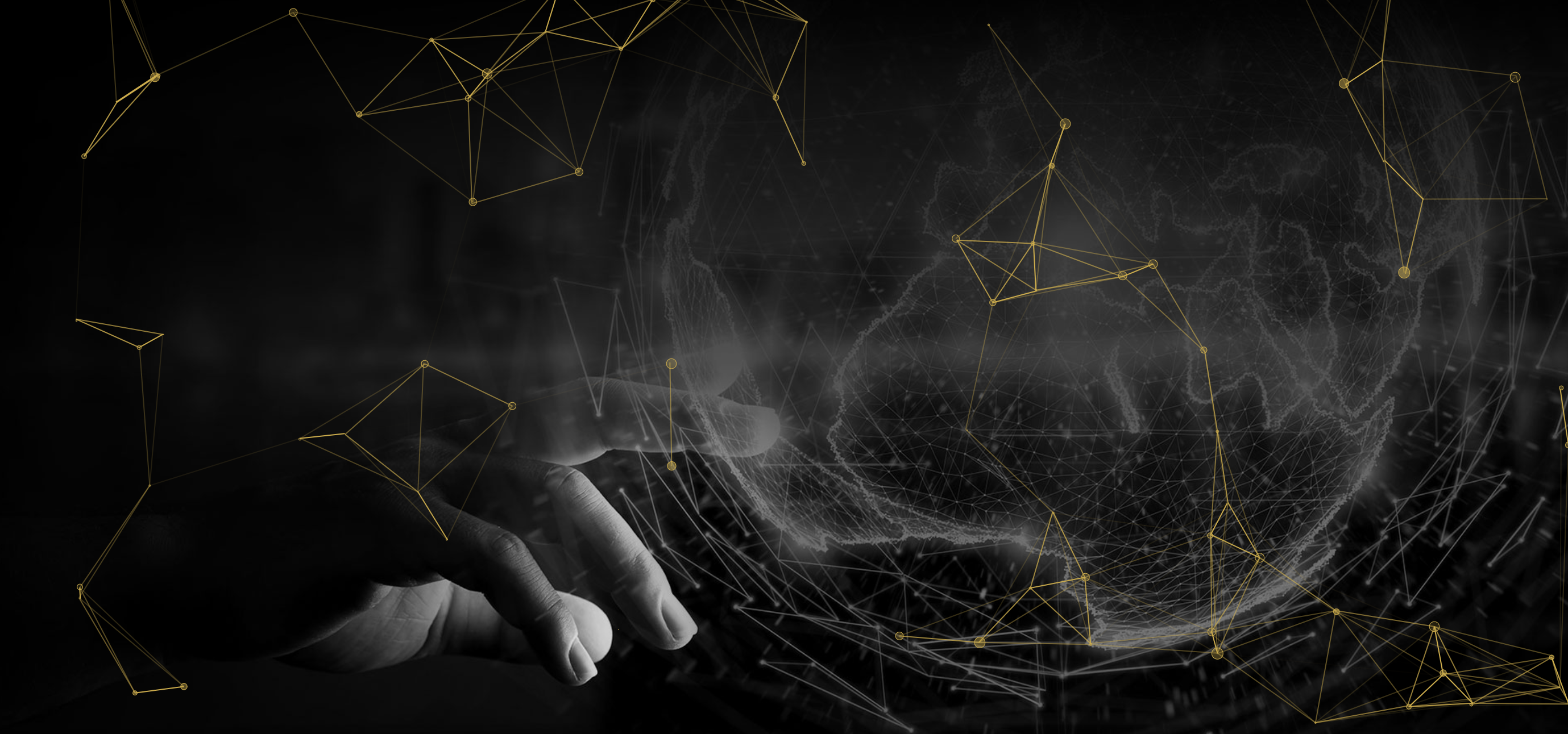 Dark background with geometric lines and a hand