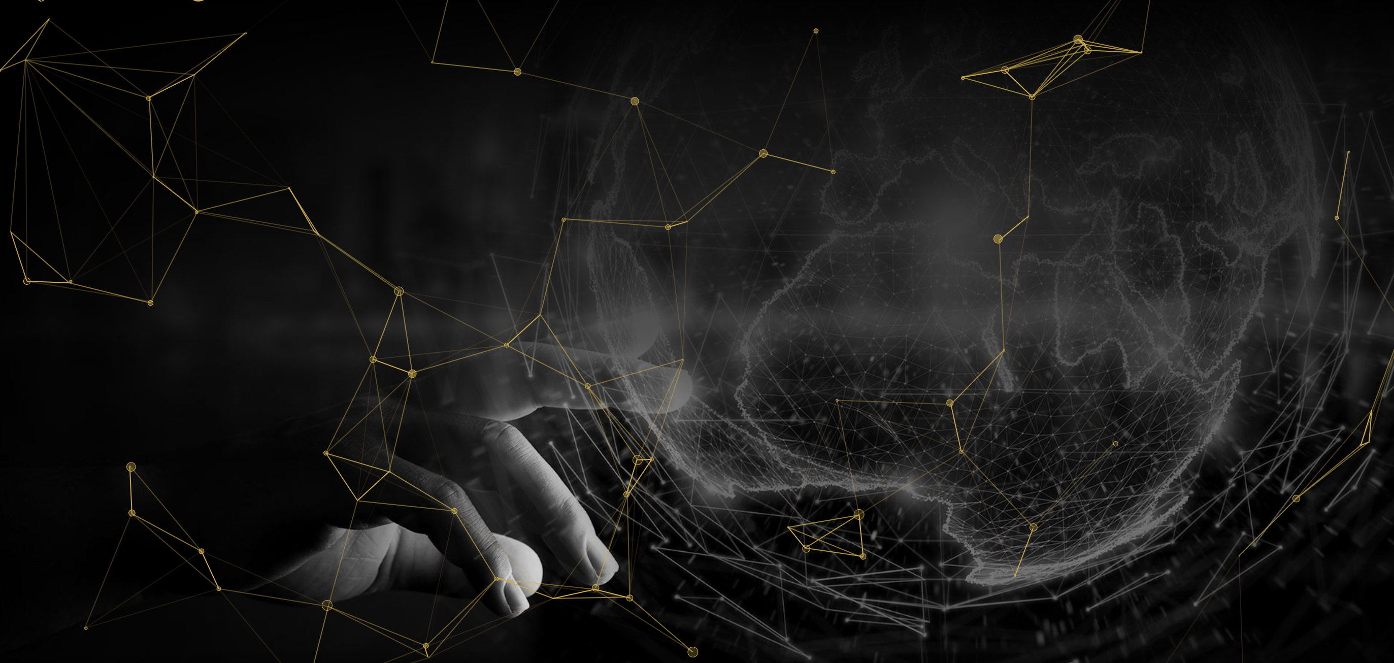 Dark background with geometric lines and a hand