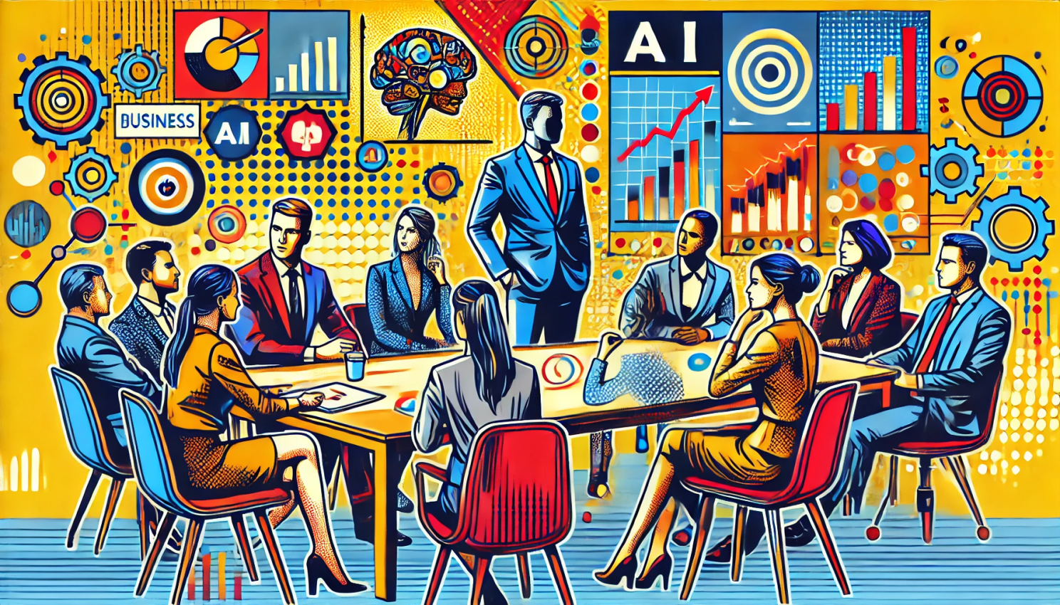 Business professionals with colorful charts, graphs, and AI elements representing elevating credit management with CICM