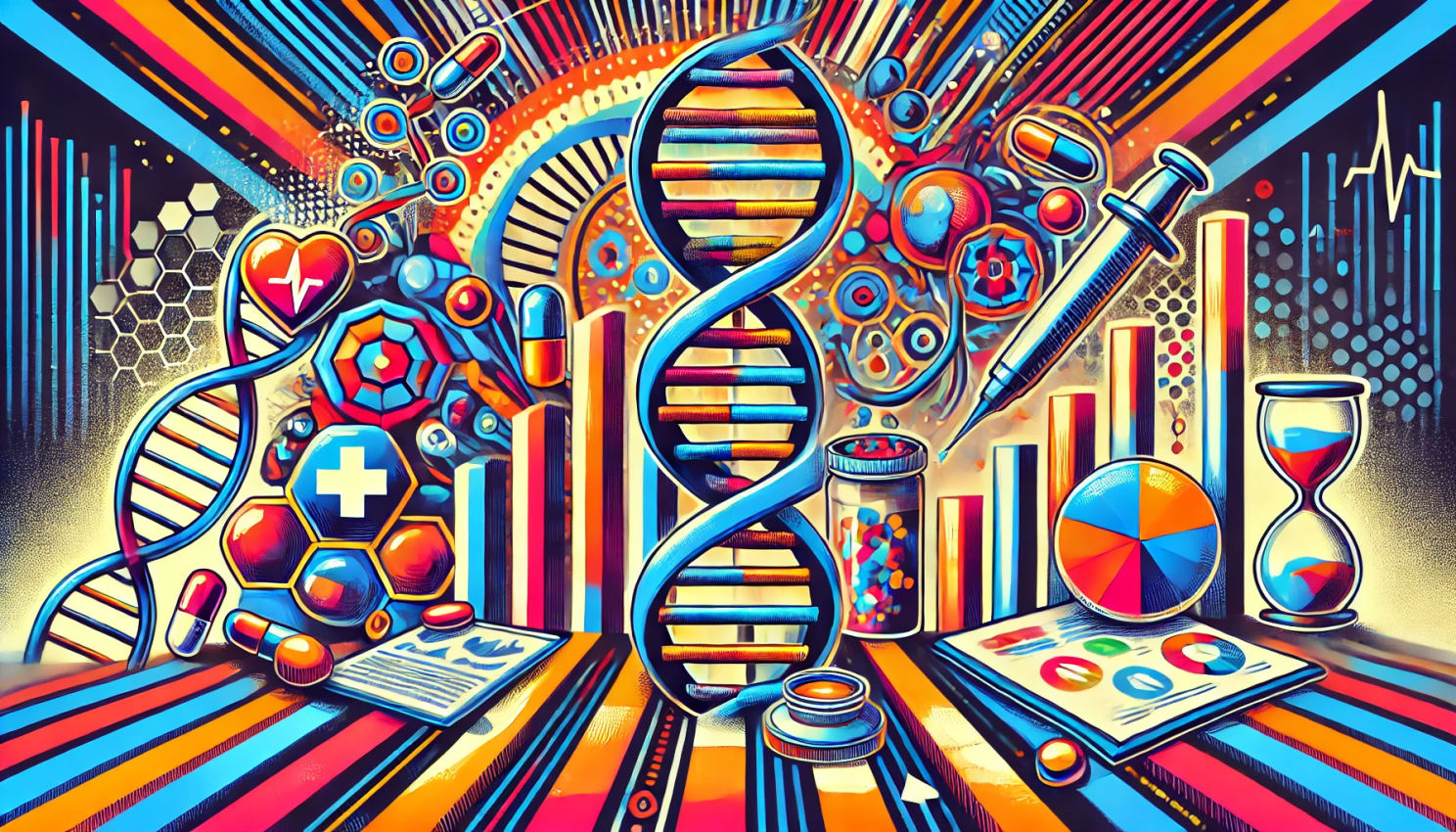 DNA, medical symbols, and charts illustrating genetics and healthcare innovation