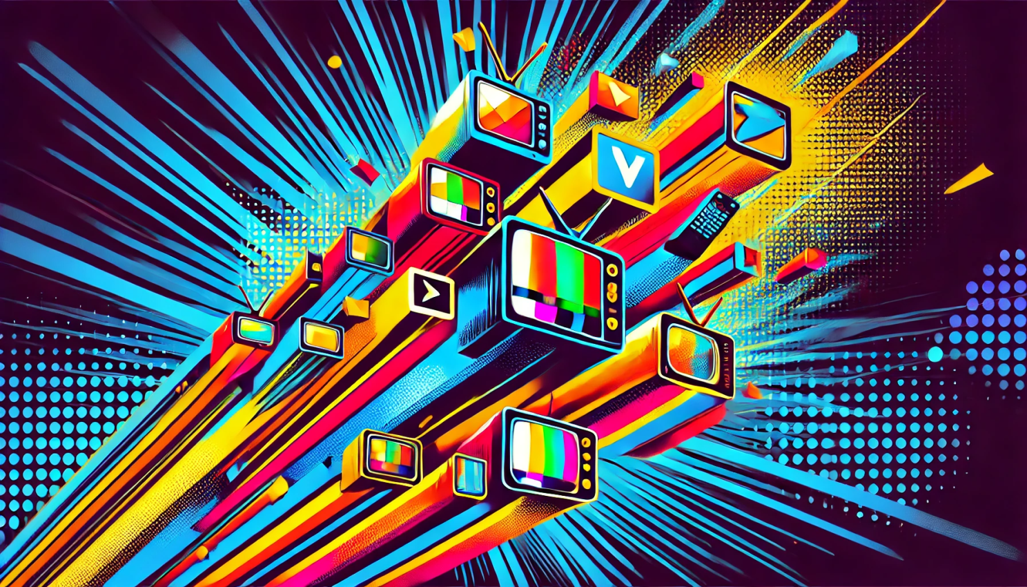 Colorful screens reflecting the transition from cable TV to digital streaming platforms