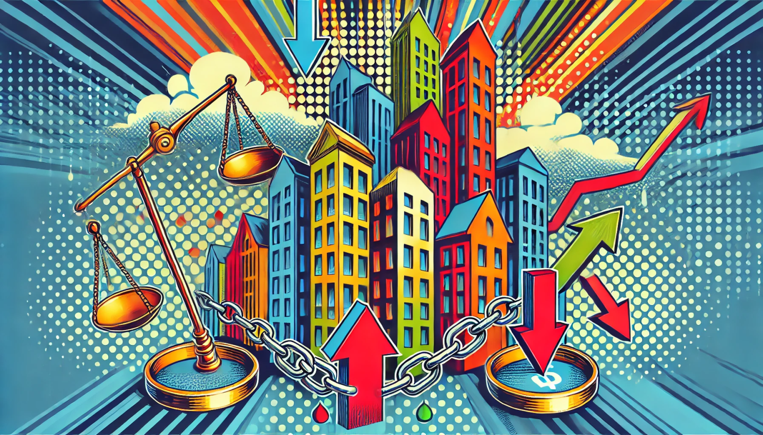 Buildings and scales linked by chains, reflecting the tension between housing policy, market shifts, and rental affordability