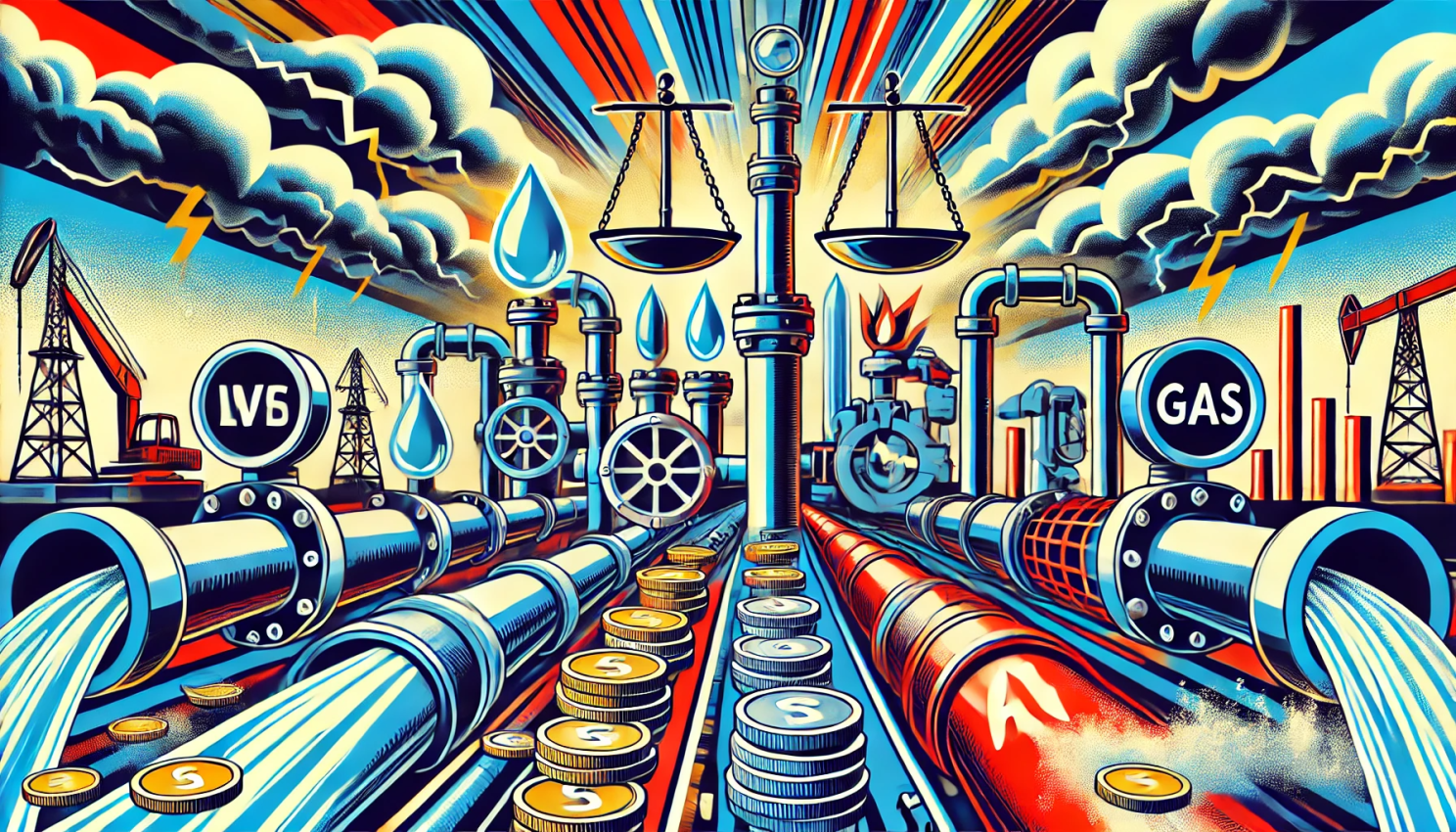 Pipelines, scales, and industrial structures, symbolising the financial pressures, regulatory scrutiny, and infrastructure challenges in the utilities sector