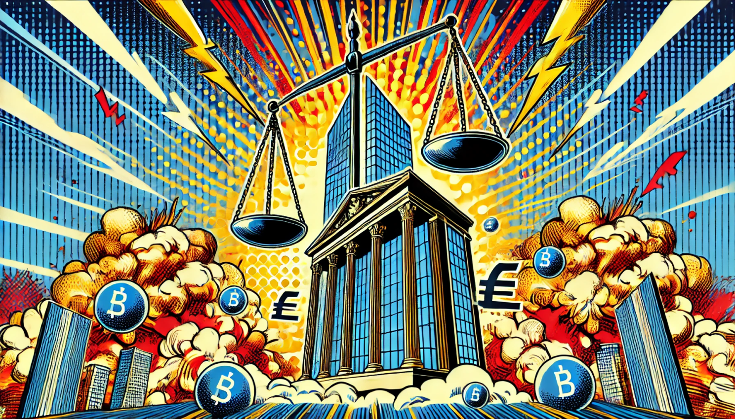 Courthouse with balance scales, surrounded by currency symbols and digital coins symbolising financial penalties and evolving banking strategies